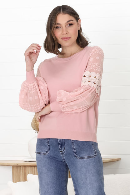 Falinda Knit Top - Crew Neck Lace Sleeve Knit in Pink