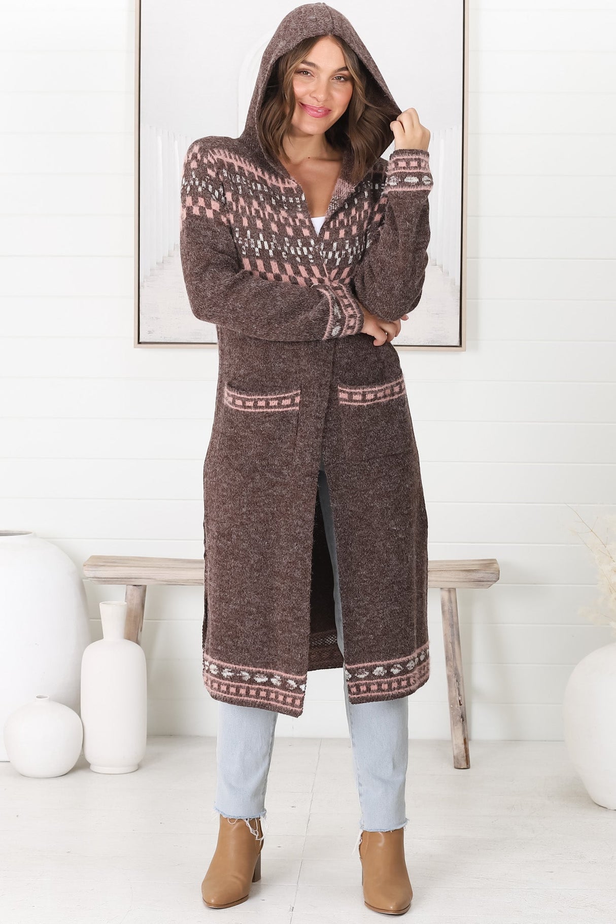 Jumilah Cardigan - Hooded Long Line Graphic Cardigan in Brown