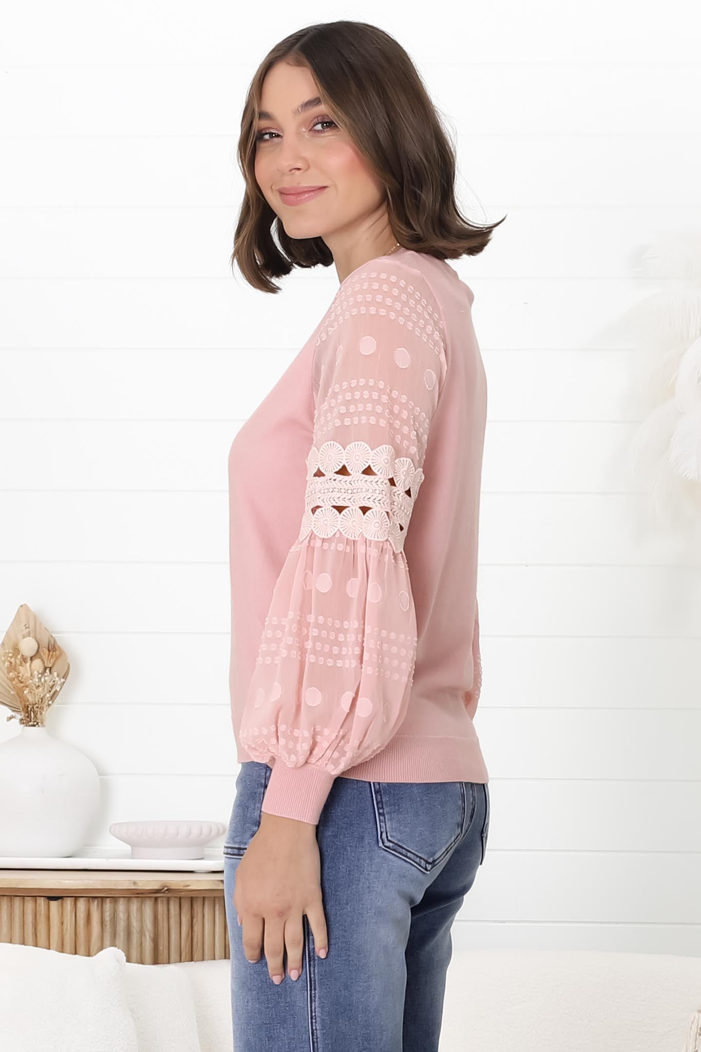 Falinda Knit Top - Crew Neck Lace Sleeve Knit in Pink