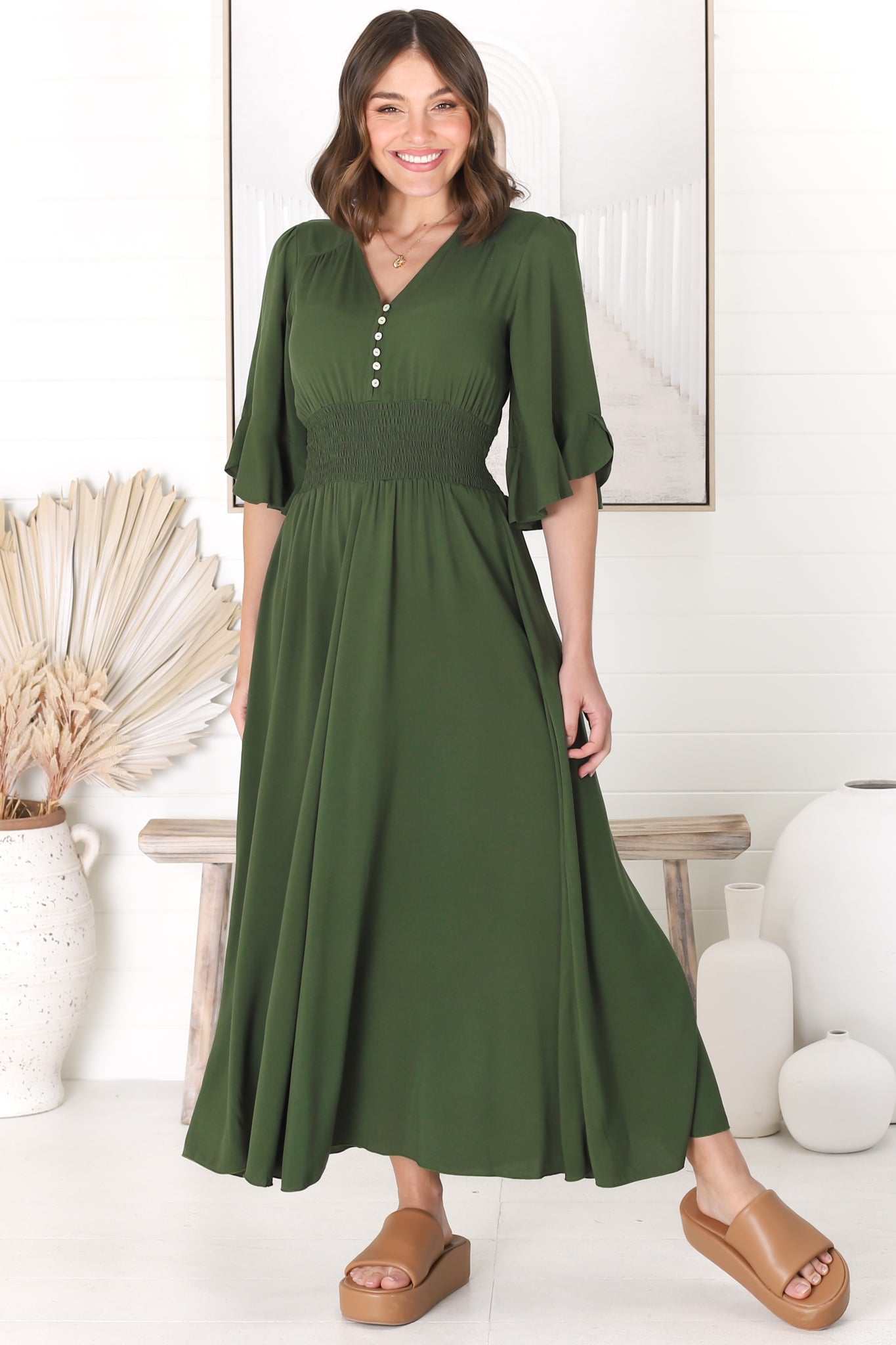 Alba Maxi Dress - Buttoned Bodie A Line Dress With Flute Sleeves In Olive