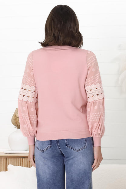 Falinda Knit Top - Crew Neck Lace Sleeve Knit in Pink