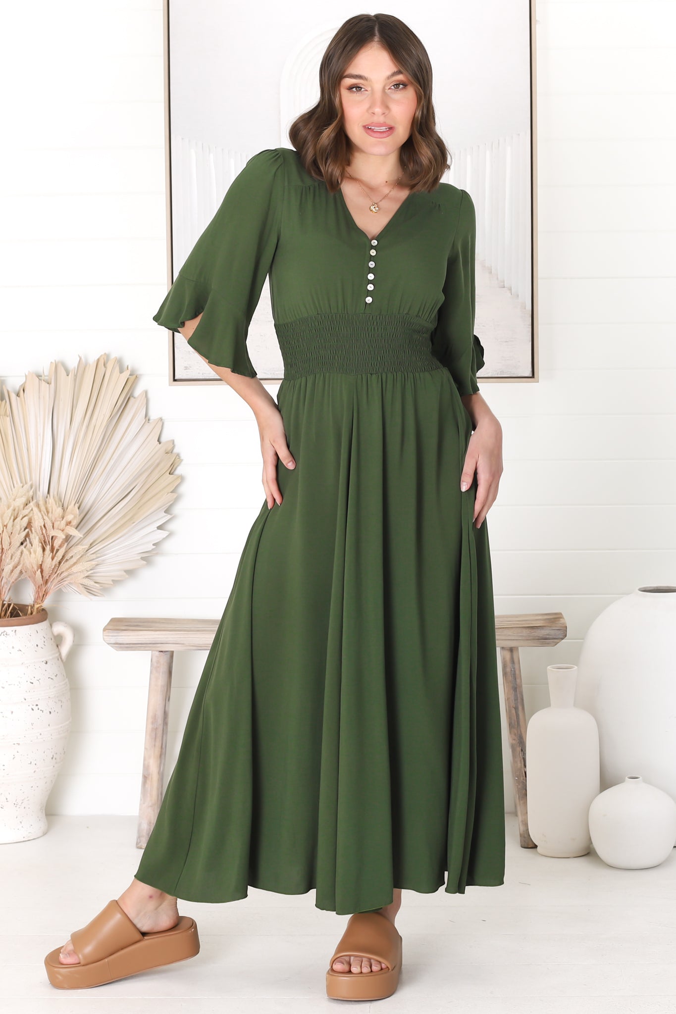 Alba Maxi Dress - Buttoned Bodie A Line Dress With Flute Sleeves In Olive
