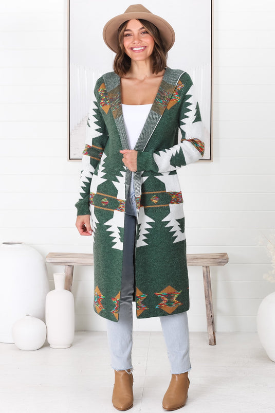 Quest Cardigan - Hooded Long Line Graphic Cardigan in Green