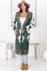 Quest Cardigan - Hooded Long Line Graphic Cardigan in Green