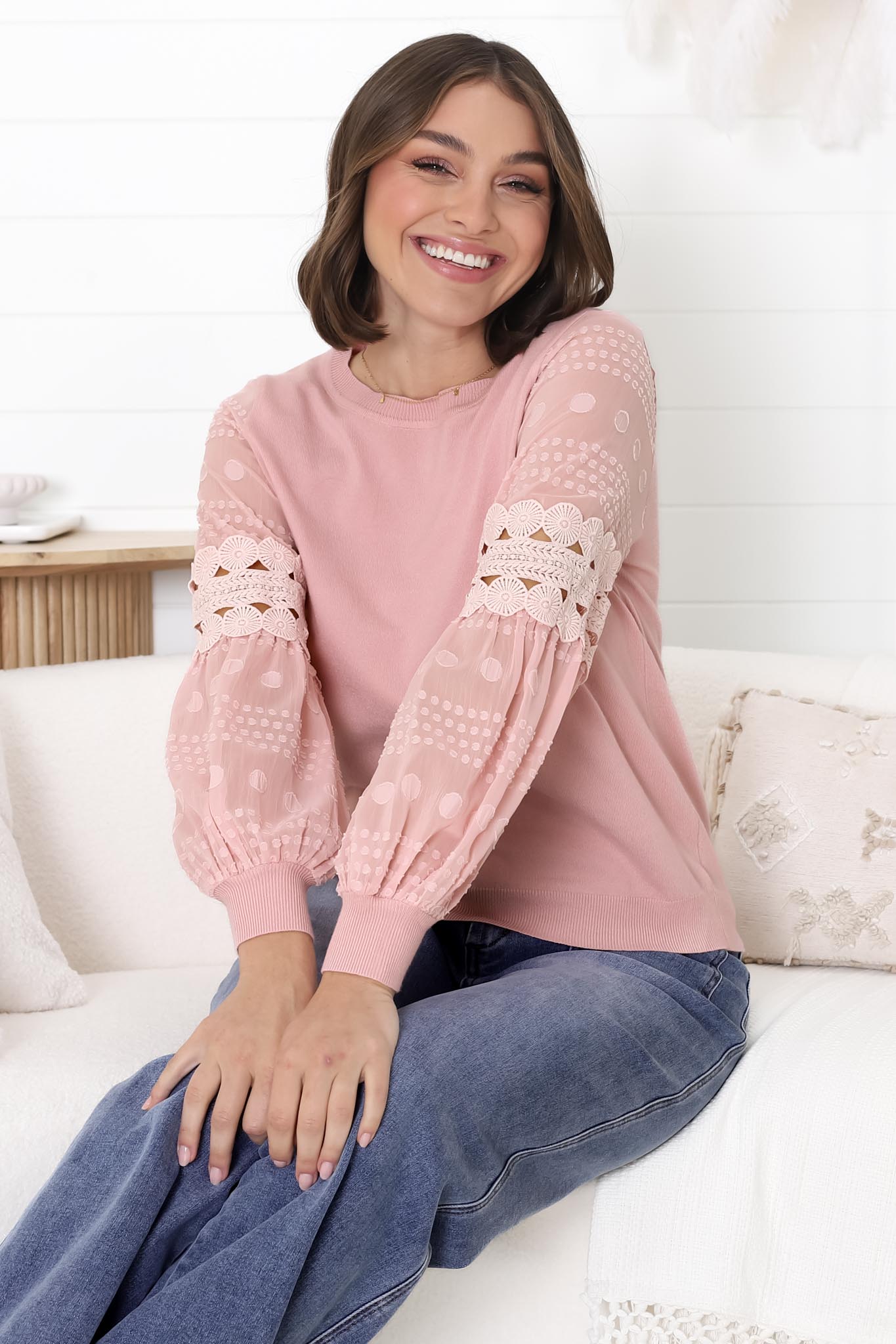 Falinda Knit Top - Crew Neck Lace Sleeve Knit in Pink