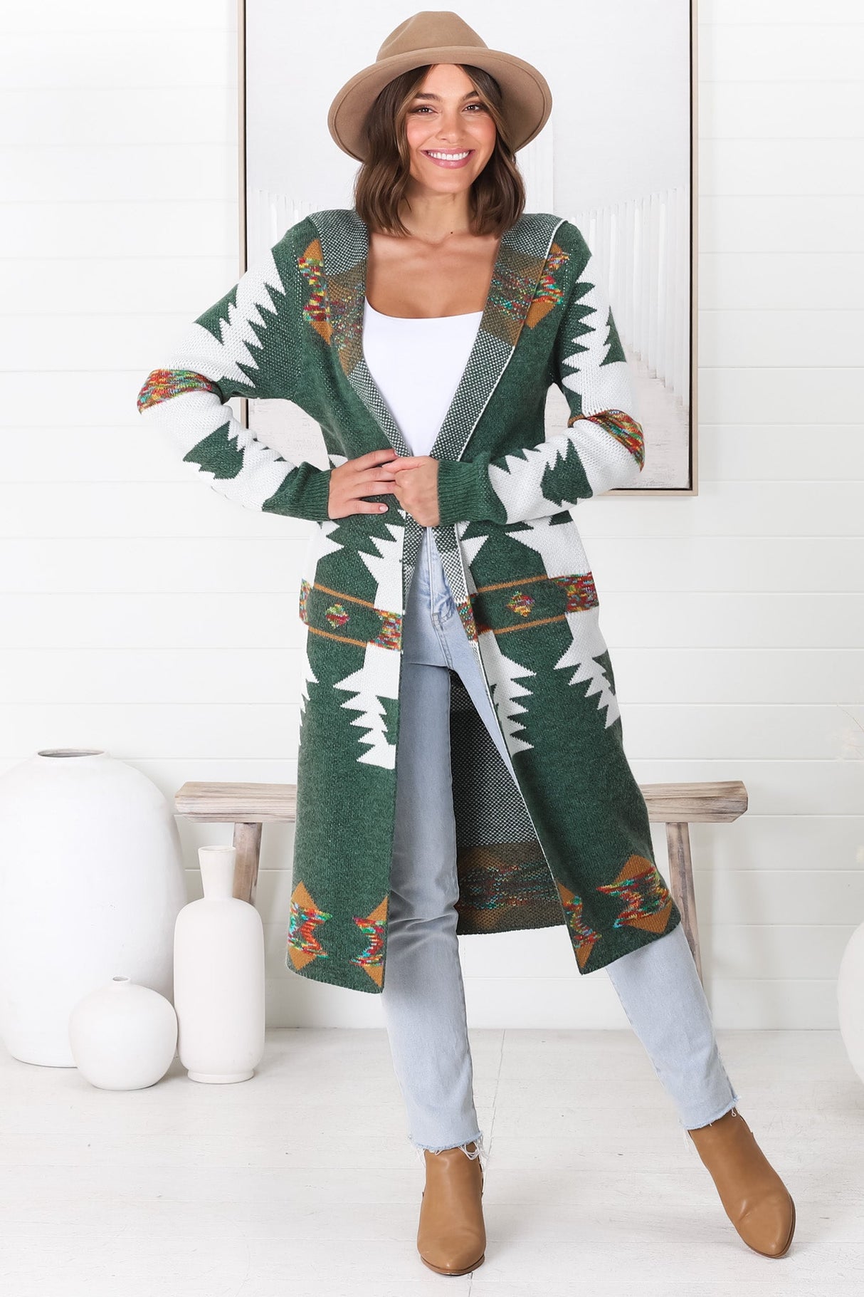 Quest Cardigan - Hooded Long Line Graphic Cardigan in Green