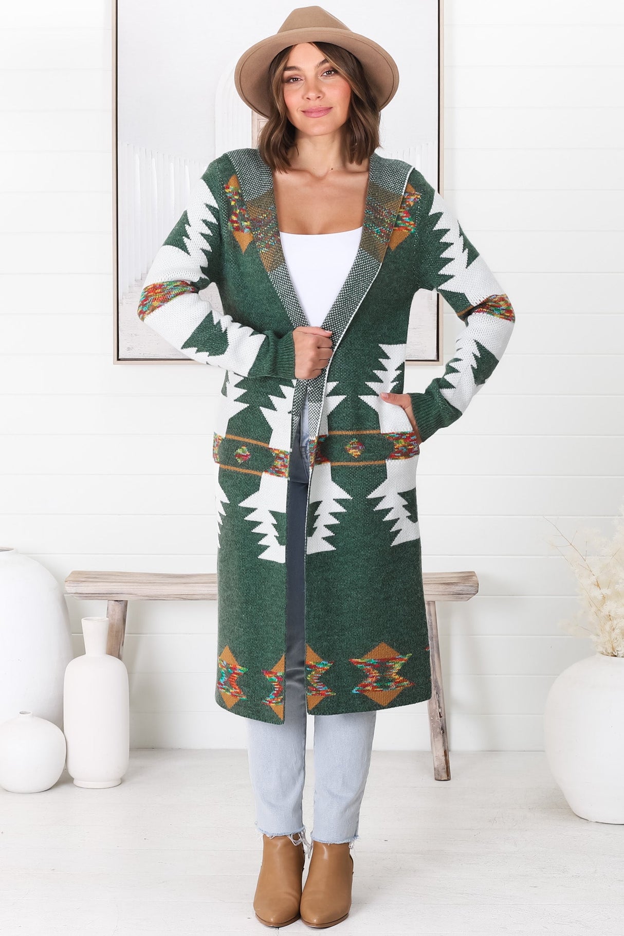 Quest Cardigan - Hooded Long Line Graphic Cardigan in Green