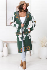 Quest Cardigan - Hooded Long Line Graphic Cardigan in Green