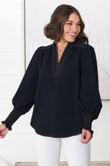 Suri Top - Denim Look Pull Over Top in Navy