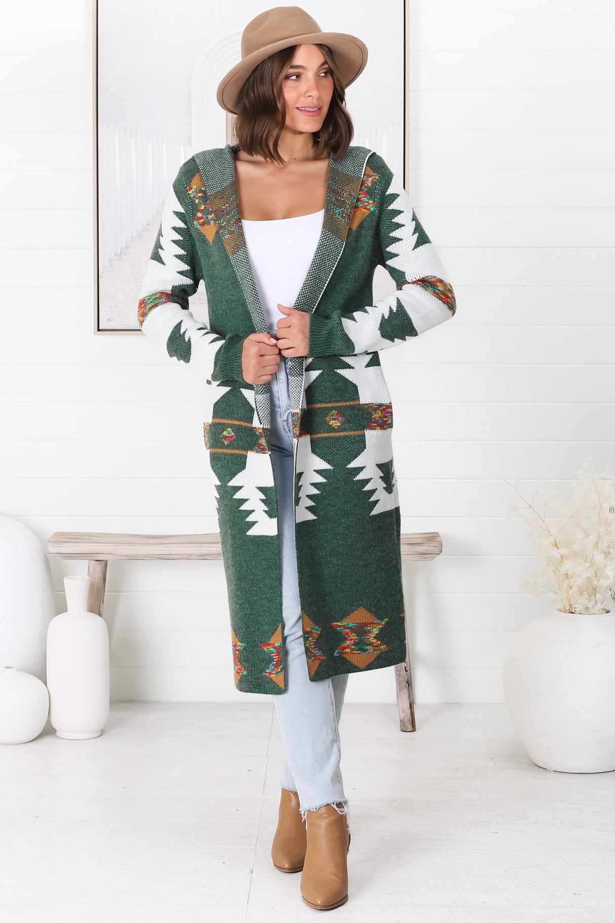 Quest Cardigan - Hooded Long Line Graphic Cardigan in Green