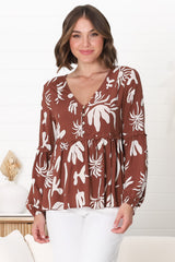 Hills Blouse - Buttoned Bodice Rick Rack Detail Smock Blouse in Wells Print Brown