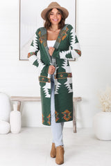 Quest Cardigan - Hooded Long Line Graphic Cardigan in Green