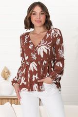 Hills Blouse - Buttoned Bodice Rick Rack Detail Smock Blouse in Wells Print Brown