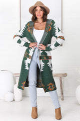 Quest Cardigan - Hooded Long Line Graphic Cardigan in Green