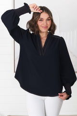 Suri Top - Denim Look Pull Over Top in Navy