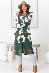 Quest Cardigan - Hooded Long Line Graphic Cardigan in Green