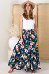 Lucien Maxi Skirt - High Waisted Tiered Skirt in Virginia Print Navy