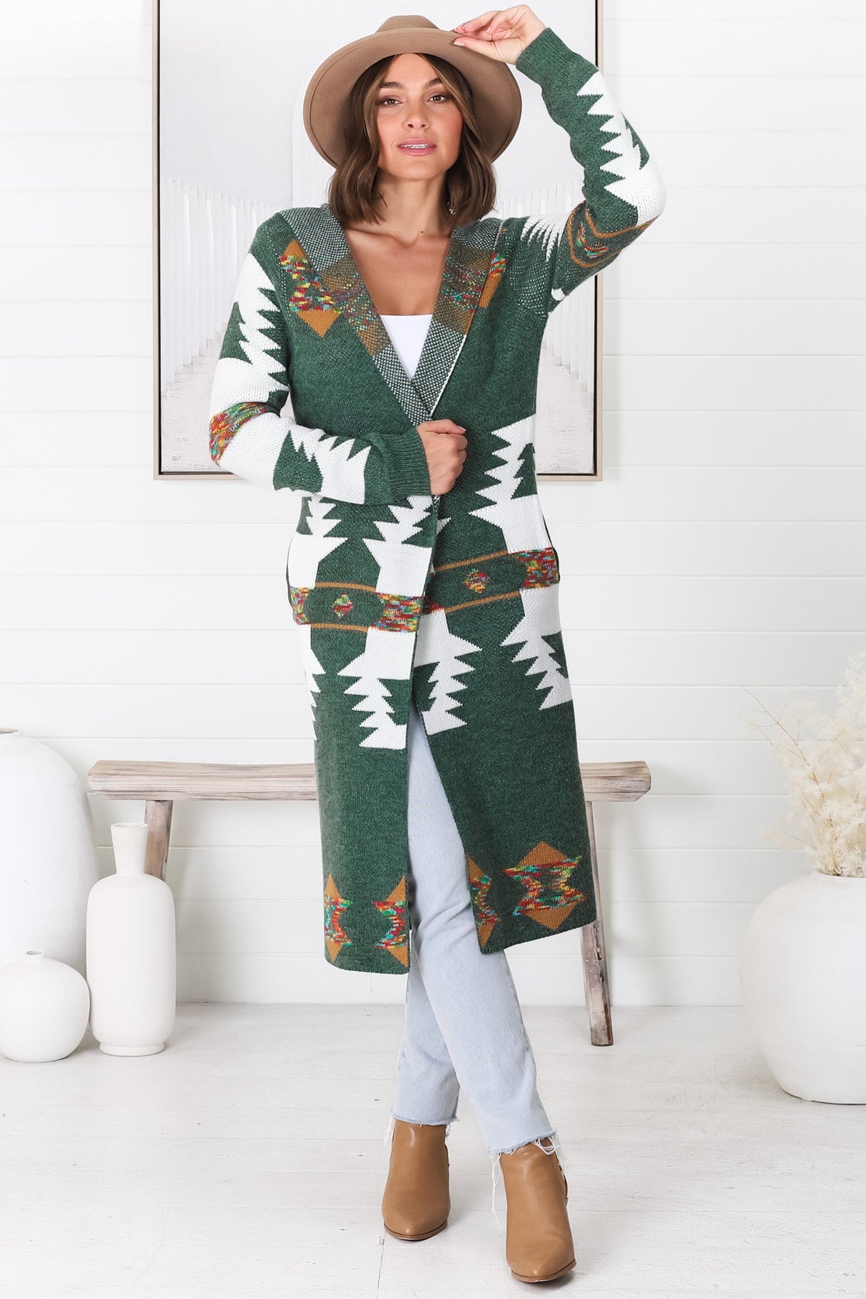 Quest Cardigan - Hooded Long Line Graphic Cardigan in Green