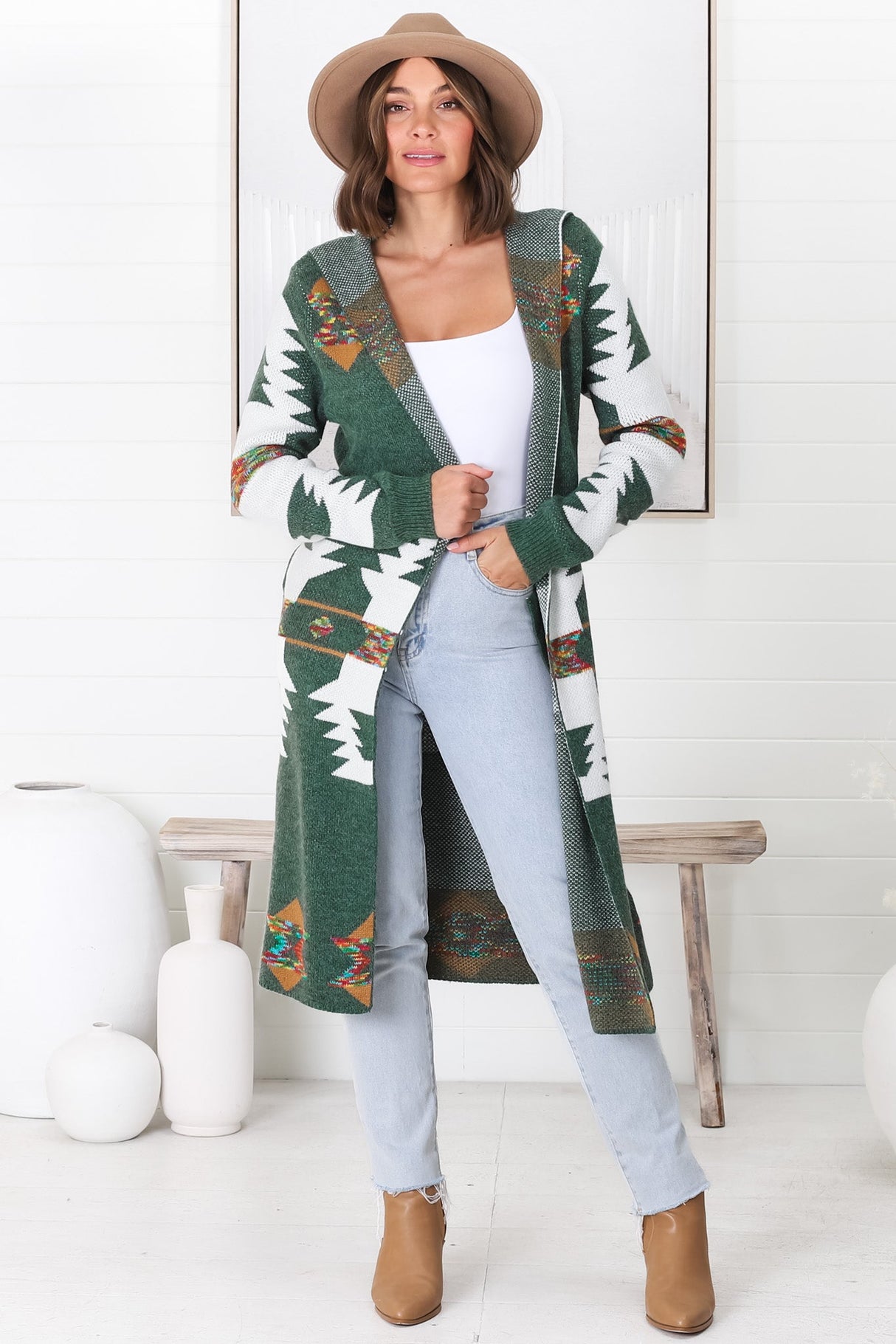 Quest Cardigan - Hooded Long Line Graphic Cardigan in Green