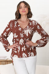 Hills Blouse - Buttoned Bodice Rick Rack Detail Smock Blouse in Wells Print Brown