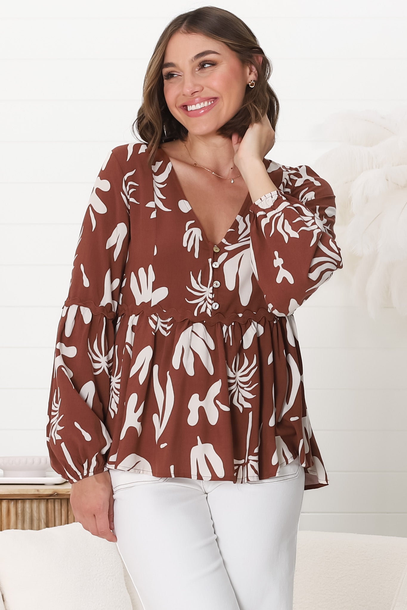 Hills Blouse - Buttoned Bodice Rick Rack Detail Smock Blouse in Wells Print Brown
