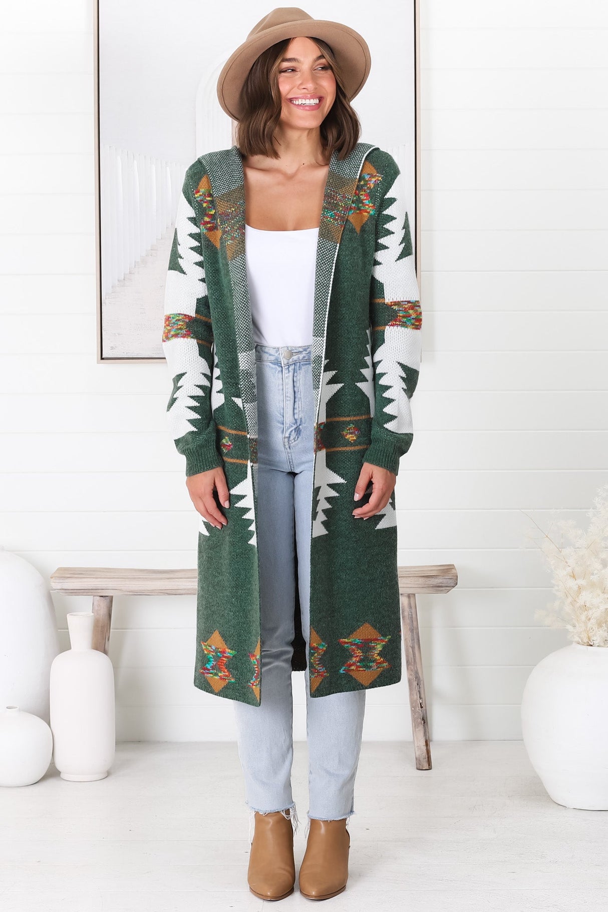 Quest Cardigan - Hooded Long Line Graphic Cardigan in Green