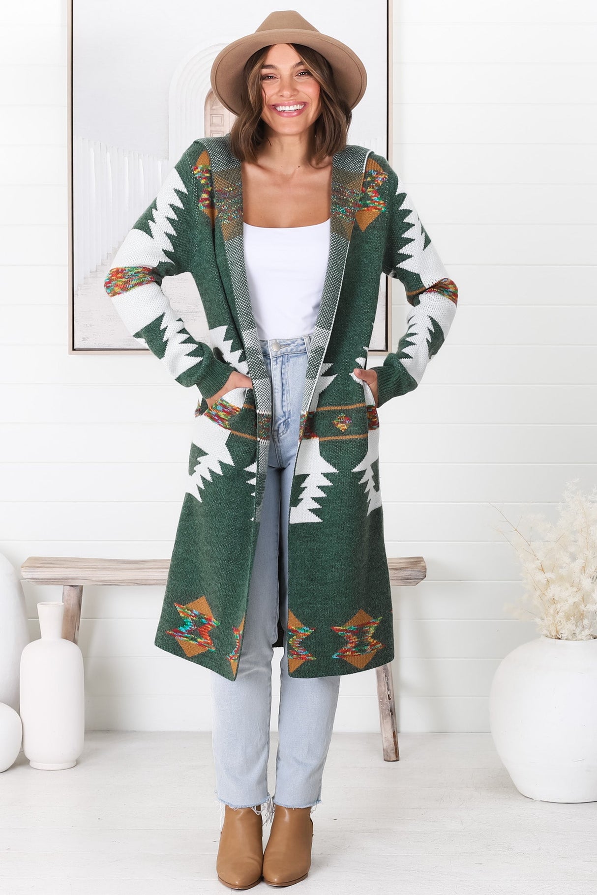 Quest Cardigan - Hooded Long Line Graphic Cardigan in Green