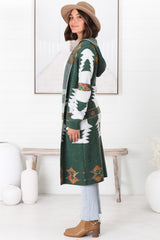 Quest Cardigan - Hooded Long Line Graphic Cardigan in Green