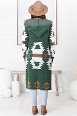 Quest Cardigan - Hooded Long Line Graphic Cardigan in Green