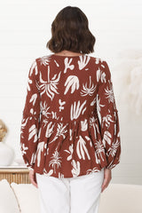 Hills Blouse - Buttoned Bodice Rick Rack Detail Smock Blouse in Wells Print Brown