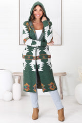 Quest Cardigan - Hooded Long Line Graphic Cardigan in Green