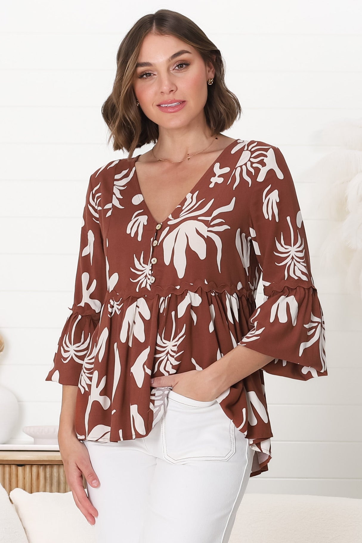 Hills Blouse - Buttoned Bodice Rick Rack Detail Smock Blouse in Wells Print Brown