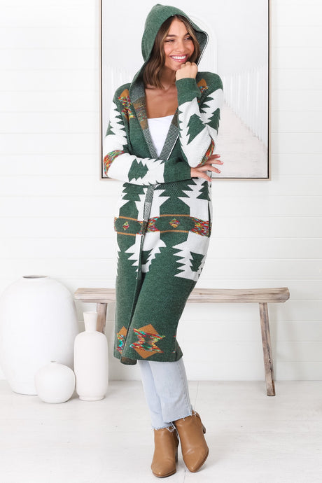 Quest Cardigan - Hooded Long Line Graphic Cardigan in Green