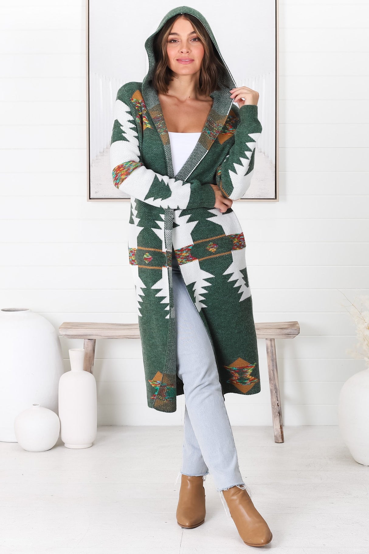 Quest Cardigan - Hooded Long Line Graphic Cardigan in Green