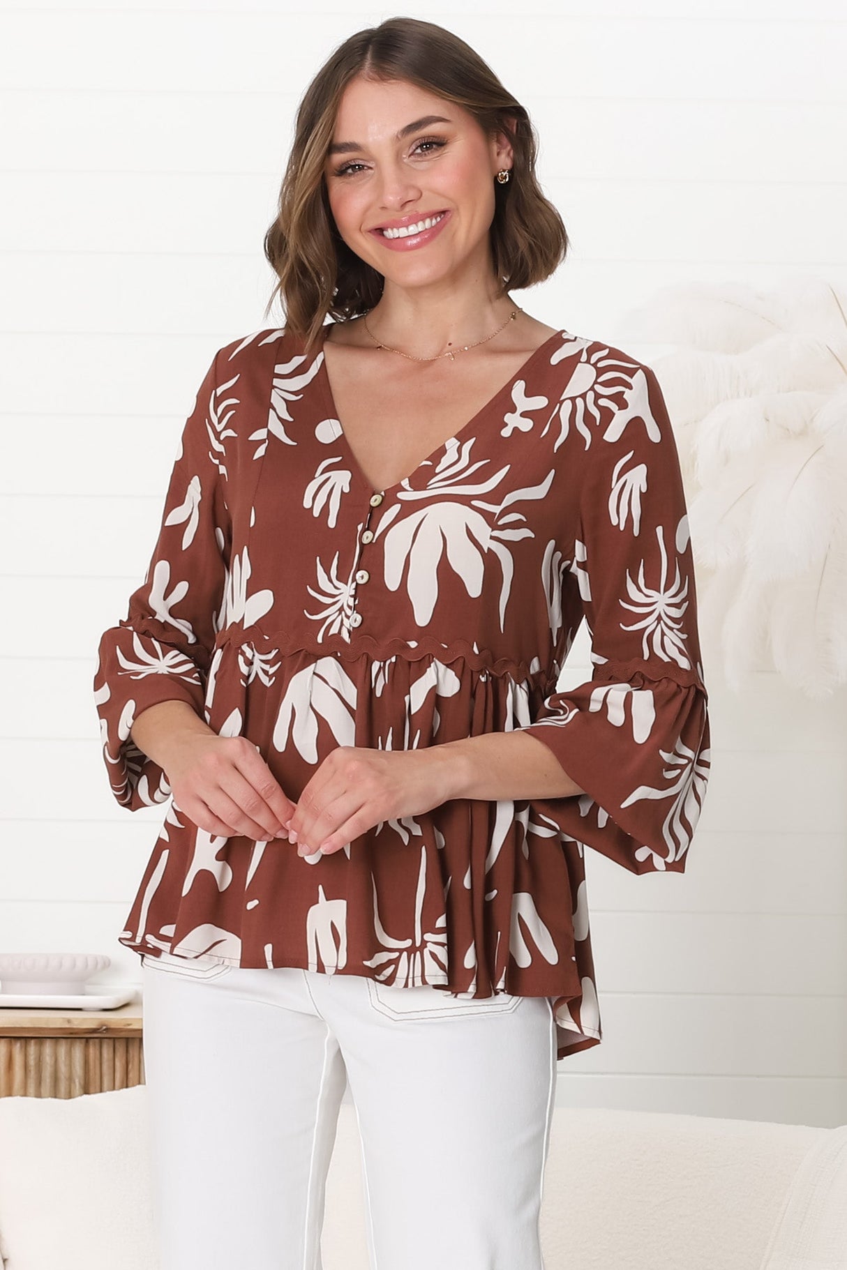 Hills Blouse - Buttoned Bodice Rick Rack Detail Smock Blouse in Wells Print Brown