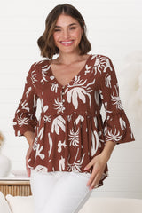 Hills Blouse - Buttoned Bodice Rick Rack Detail Smock Blouse in Wells Print Brown