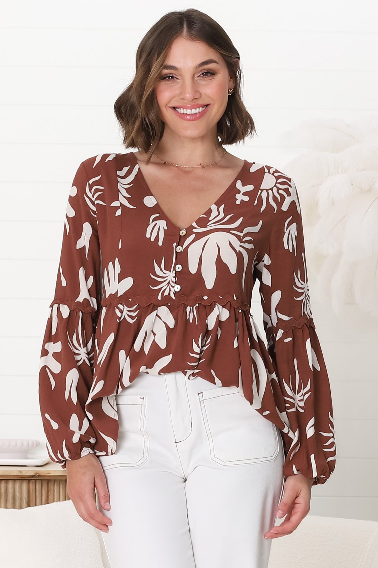 Hills Blouse - Buttoned Bodice Rick Rack Detail Smock Blouse in Wells Print Brown