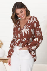 Hills Blouse - Buttoned Bodice Rick Rack Detail Smock Blouse in Wells Print Brown