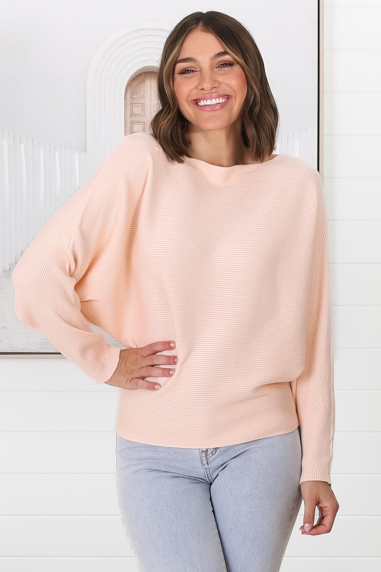 Havanah Knit Top - Boat Neckline Ribbed Top in Blush