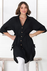 Rylee Tunic - Long Line Button Down Tunic in Black