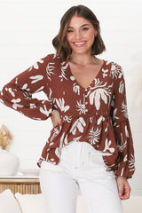 Hills Blouse - Buttoned Bodice Rick Rack Detail Smock Blouse in Wells Print Brown