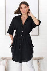 Rylee Tunic - Long Line Button Down Tunic in Black