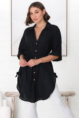 Rylee Tunic - Long Line Button Down Tunic in Black