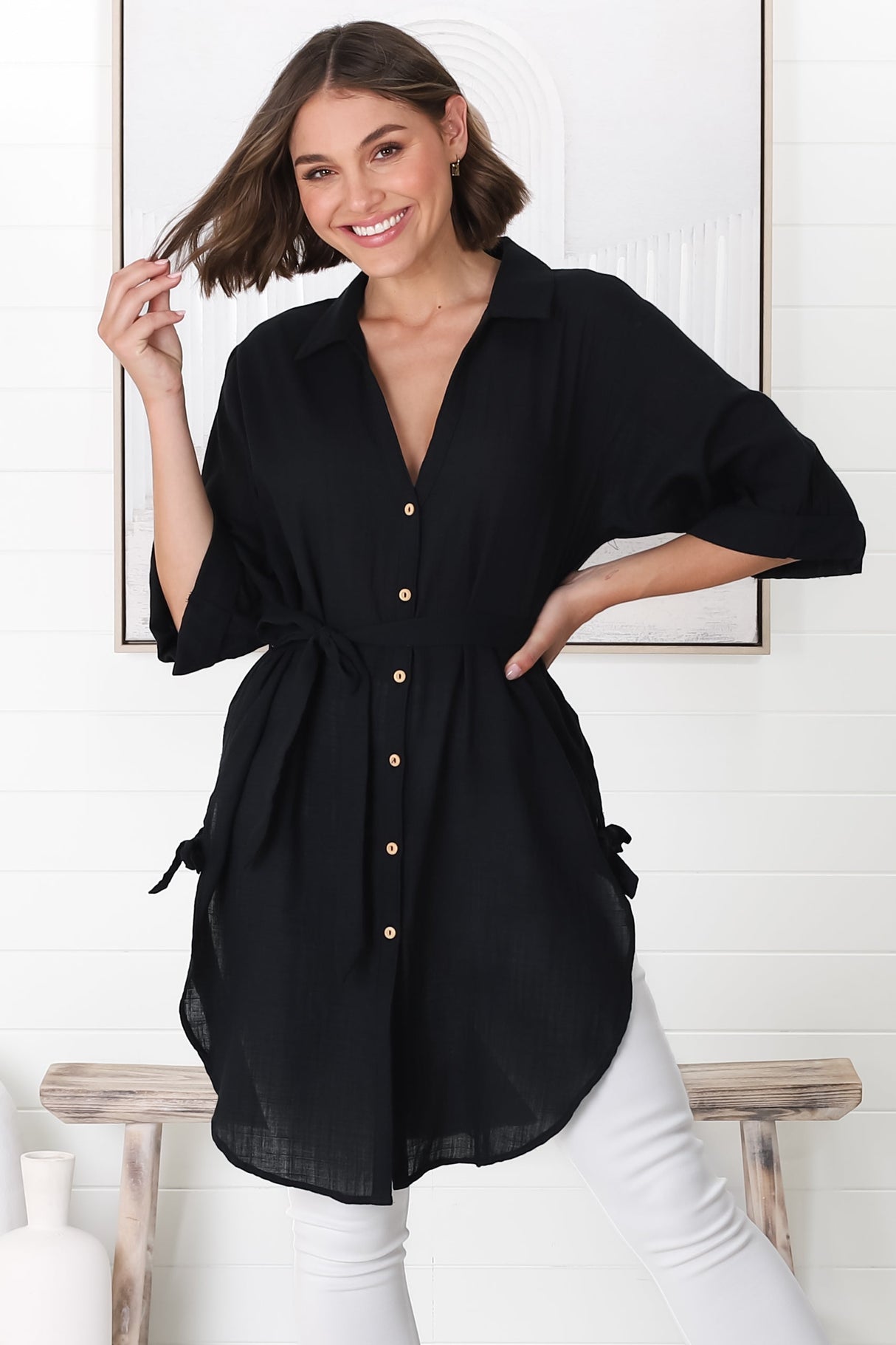 Rylee Tunic - Long Line Button Down Tunic in Black