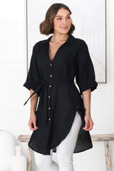 Rylee Tunic - Long Line Button Down Tunic in Black