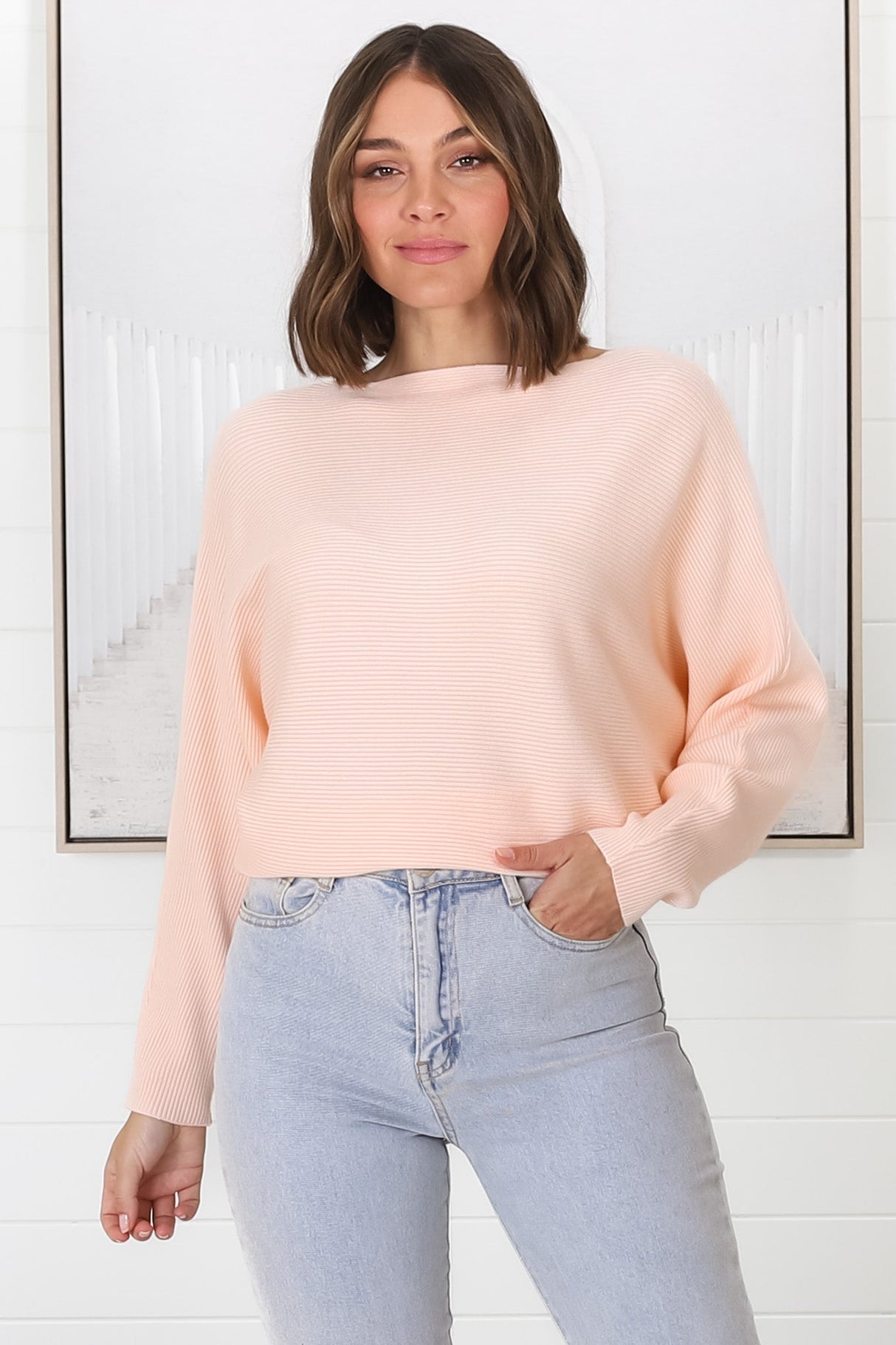 Havanah Knit Top - Boat Neckline Ribbed Top in Blush