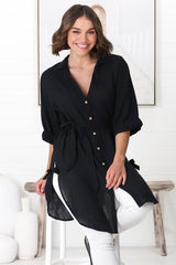 Rylee Tunic - Long Line Button Down Tunic in Black