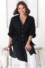 Rylee Tunic - Long Line Button Down Tunic in Black