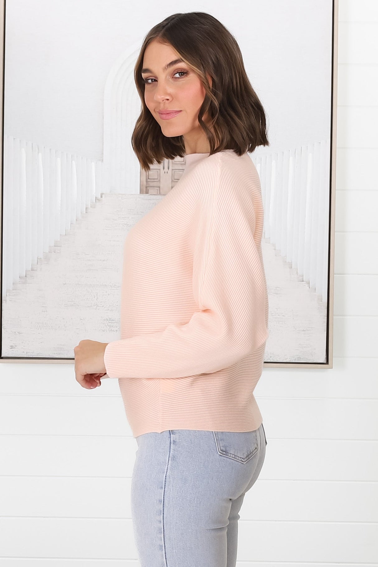 Havanah Knit Top - Boat Neckline Ribbed Top in Blush