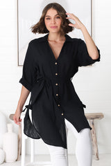 Rylee Tunic - Long Line Button Down Tunic in Black